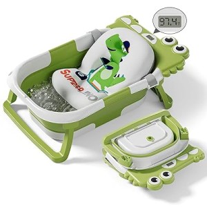 Giggles & Co. Μπανιέρα Μωρού Ταξιδιού Αναδιπλούμενη με Μαξιλαράκι & Θερμόμετρο, Αντιολισθητική Βάση (Green)