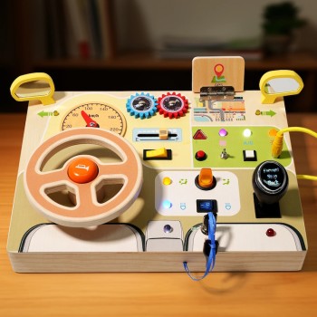 QiAiKe Montessori Busy Board με Φώτα LED & Τιμόνι – Ξύλινο Αισθητηριακό Παιχνίδι