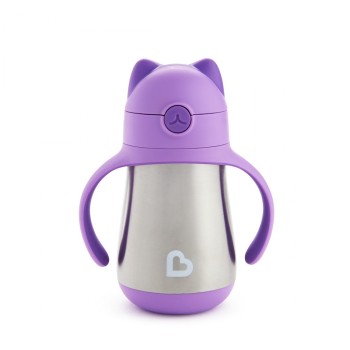 Munchkin Παιδικό Ποτηράκι με Λαβές και Καλαμάκι ”Cool Cat” από Μέταλλο Μωβ 237ml
