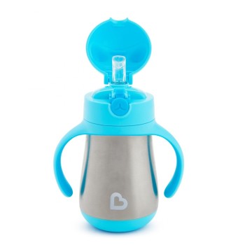 Munchkin Παιδικό Ποτηράκι με Λαβές και Καλαμάκι ”Cool Cat” από Μέταλλο Μπλε 237ml