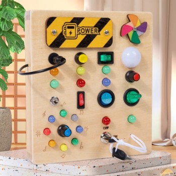 QiAiKe LED Busy Board με Φωτιζόμενους Διακόπτες & Πλήκτρα – Ξύλινο Sensory Παιχνίδι Montessori
