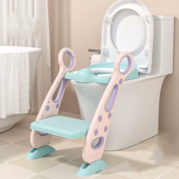 Giggles & Co. Αναδιπλούμενο Παιδικό Κάθισμα Τουαλέτας με Σκάλα & Μαλακό PU Μαξιλαράκι – (Ροζ/Πράσινο)