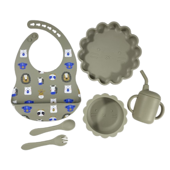 Giggles and Co. Βρεφικό Σετ Φαγητού Σιλικόνης 6τμχ BPA Free με Σαλιάρα, Μαχαιροπίρουνα & Ποτήρι με Καλαμάκι (Gray) Σετ Φαγητού για Μωρά