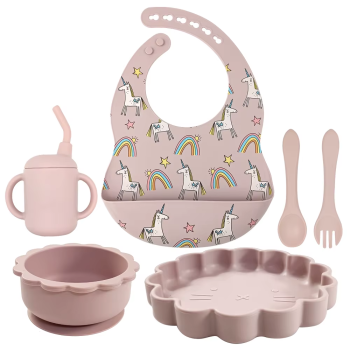 Giggles and Co. Βρεφικό Σετ Φαγητού Σιλικόνης 6τμχ BPA Free με Σαλιάρα, Μαχαιροπίρουνα & Ποτήρι με Καλαμάκι (Pink Unicorn) Σετ Φαγητού για Νήπια