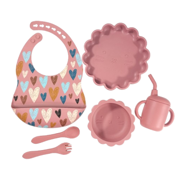 Giggles and Co. Βρεφικό Σετ Φαγητού Σιλικόνης 6τμχ BPA Free με Σαλιάρα, Μαχαιροπίρουνα & Ποτήρι με Καλαμάκι (Pink) Σετ Φαγητού Σιλικόνης