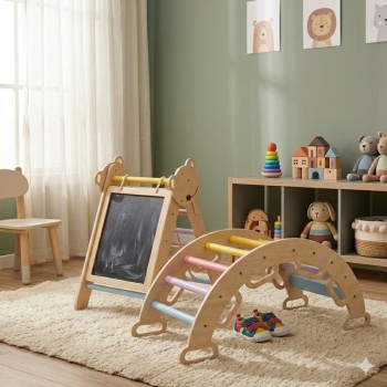 Giggles & Co. Montessori Ξύλινο Climbing Set με Pikler Triangle & Rainbow Arch – Active Play Παιχνίδι Ισορροπίας