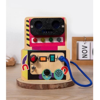 QiAiKe Montessori Light Robot Busy Board με Φώτα LED & Διακόπτες – Ξύλινο Αισθητηριακό Παιχνίδι